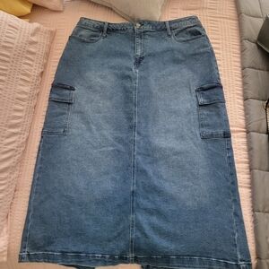 Blue Denim Cargo Skirt With Split